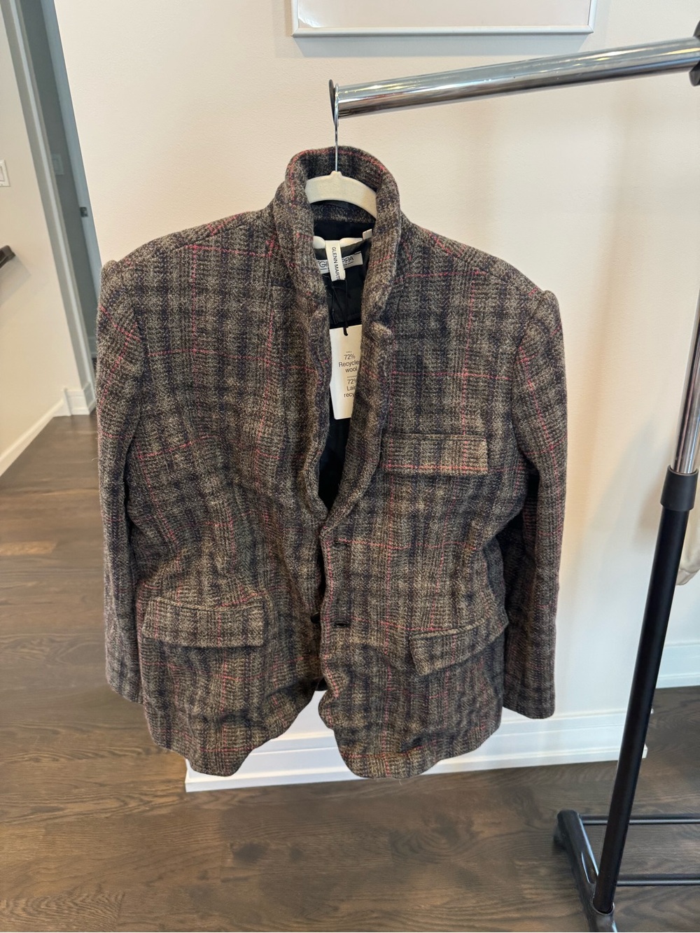 Wool-Blend Plaid Women's Blazer Jacket - Gray with Pink Accent